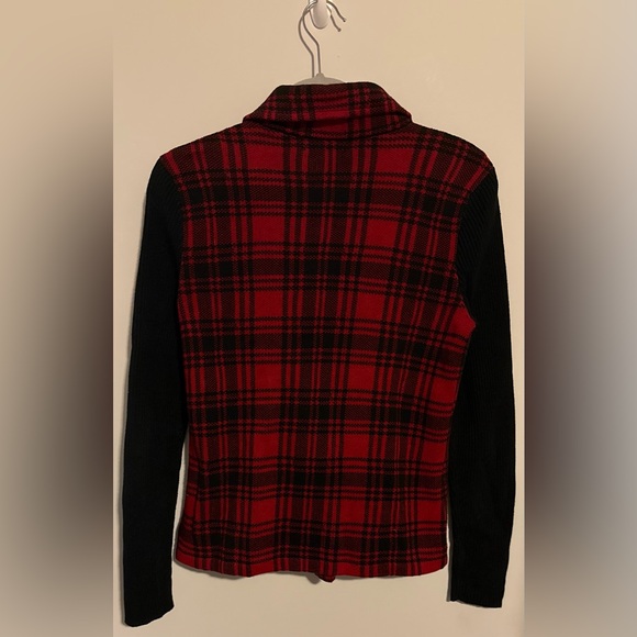 Chaps Red Black zip up sweater warm layer winter plaid print old money sz Small - Picture 4 of 6